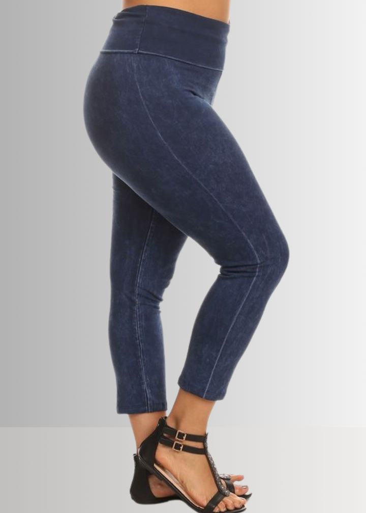 American Made Plus Size Ladies Dark Denim Mineral Washed Pull On Capri Leggings with Tummy Control Fold Over Waist |  Style C30249 | Classy Cozy Cool Women&