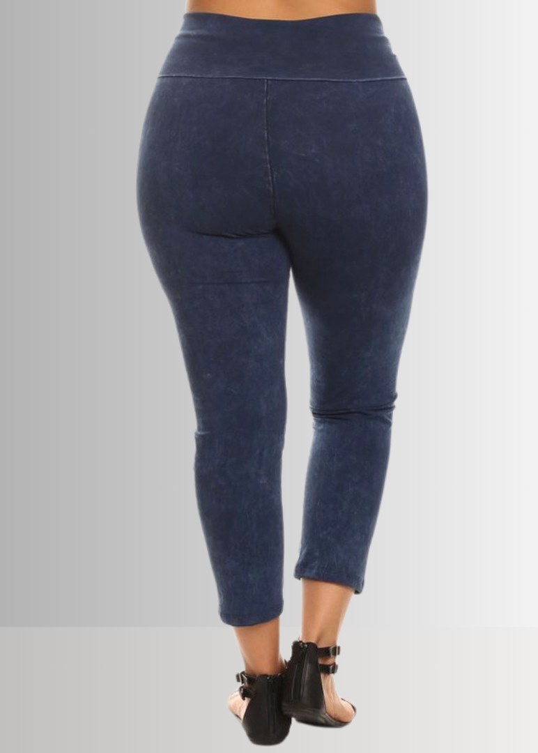 American Made Plus Size Ladies Dark Denim Mineral Washed Pull On Capri Leggings with Tummy Control Fold Over Waist |  Style C30249 | Classy Cozy Cool Women&