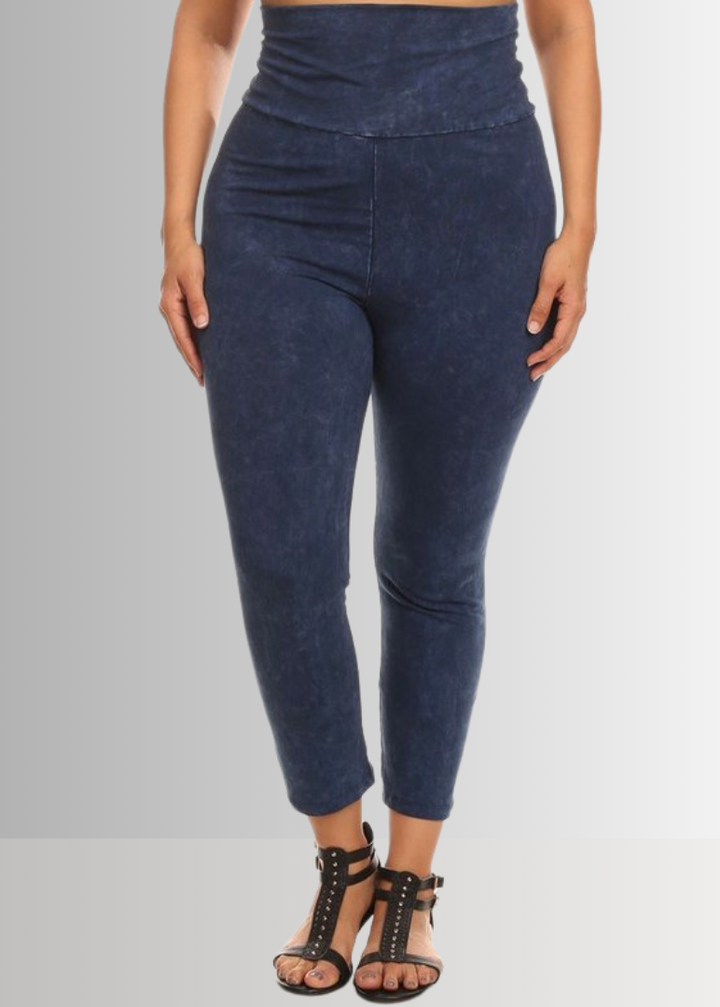 American Made Plus Size Ladies Dark Denim Mineral Washed Pull On Capri Leggings with Tummy Control Fold Over Waist |  Style C30249 | Classy Cozy Cool Women&