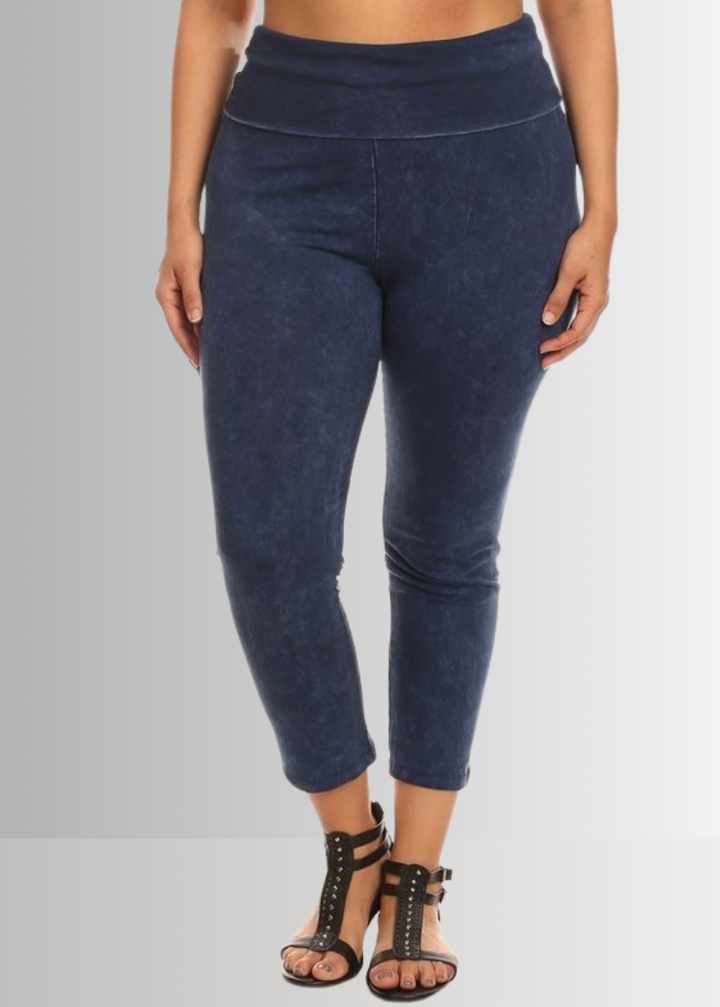 American Made Plus Size Ladies Dark Denim Mineral Washed Pull On Capri Leggings with Tummy Control Fold Over Waist |  Style C30249 | Classy Cozy Cool Women&