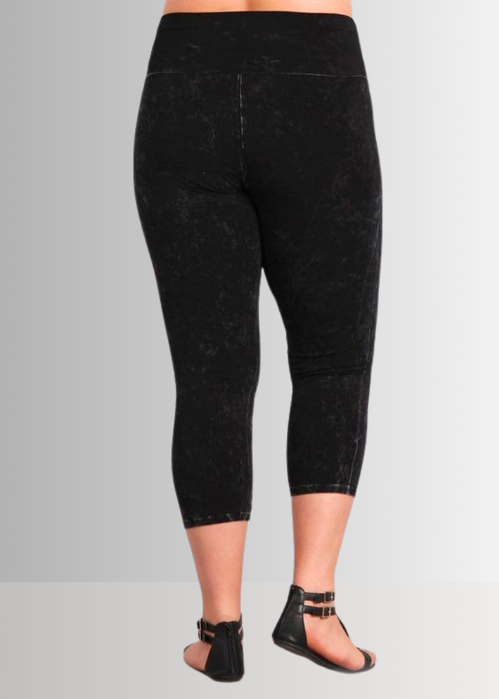 American Made Plus Size Ladies Black Denim Mineral Washed Pull On Capri Leggings with Tummy Control Fold Over Waist |  Style C30249 | Classy Cozy Cool Women&