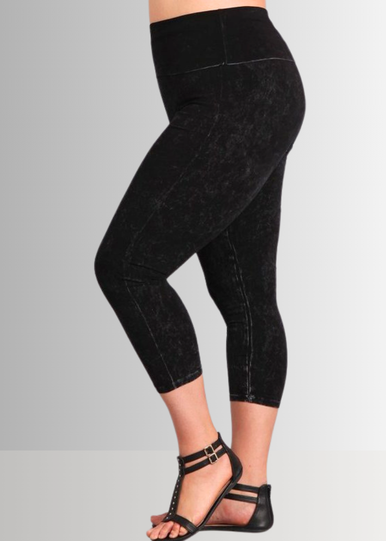 American Made Plus Size Ladies Black Denim Mineral Washed Pull On Capri Leggings with Tummy Control Fold Over Waist |  Style C30249 | Classy Cozy Cool Women's American Boutique