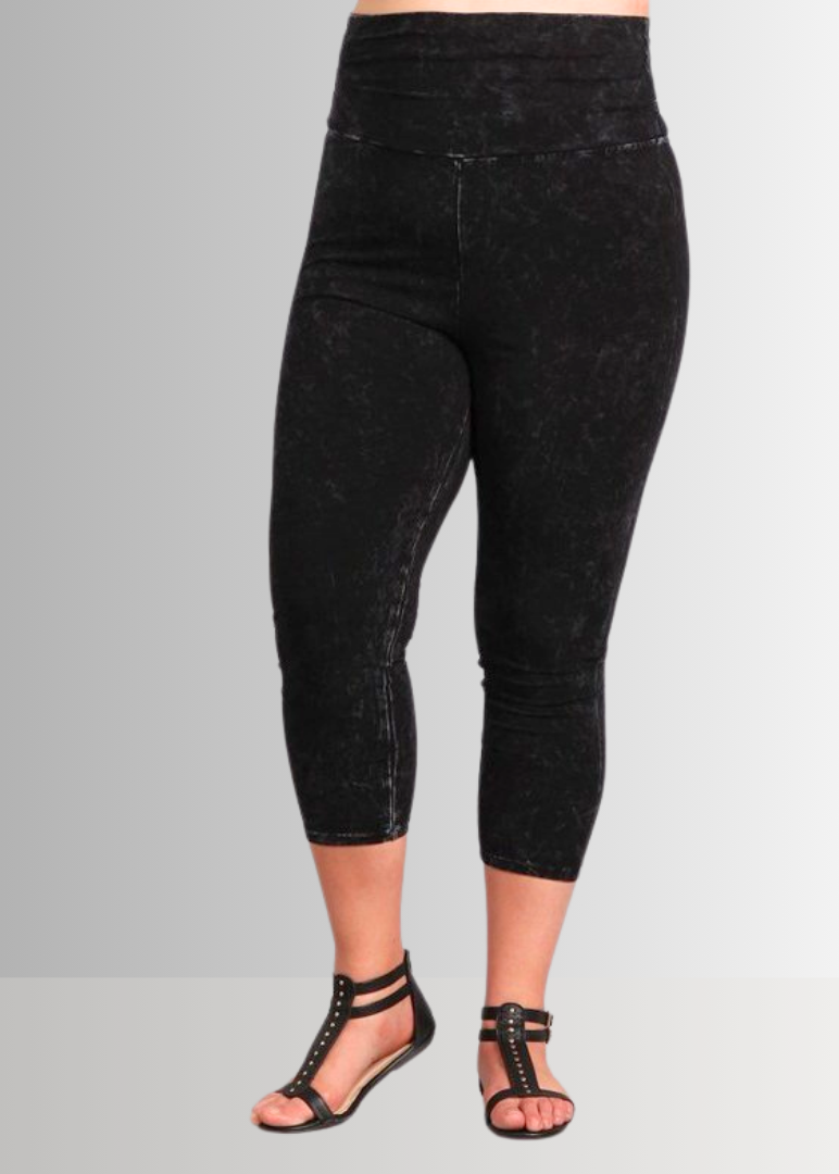 American Made Plus Size Ladies Black Denim Mineral Washed Pull On Capri Leggings with Tummy Control Fold Over Waist |  Style C30249 | Classy Cozy Cool Women&