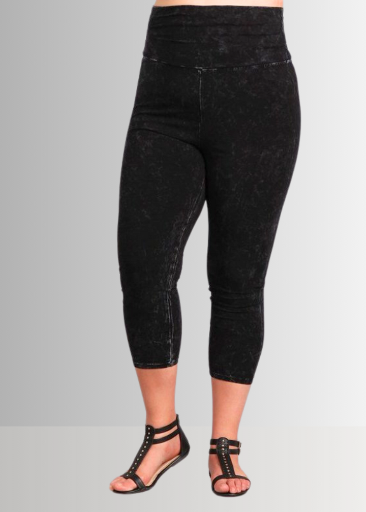American Made Plus Size Ladies Black Denim Mineral Washed Pull On Capri Leggings with Tummy Control Fold Over Waist |  Style C30249 | Classy Cozy Cool Women&