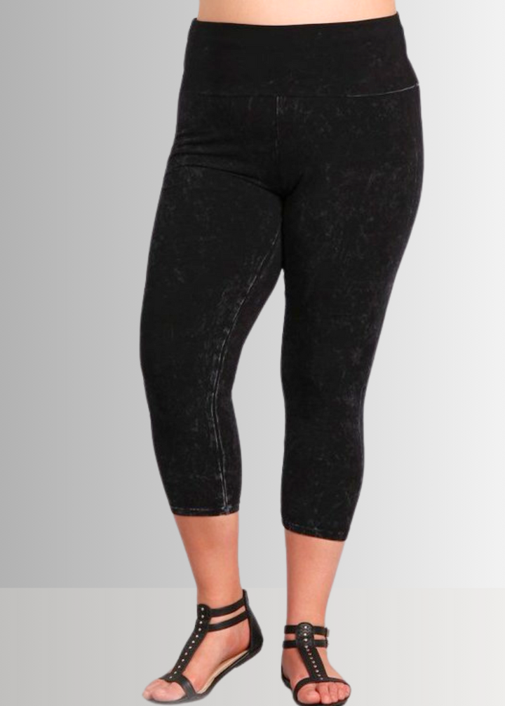 American Made Plus Size Ladies Black Denim Mineral Washed Pull On Capri Leggings with Tummy Control Fold Over Waist |  Style C30249 | Classy Cozy Cool Women&