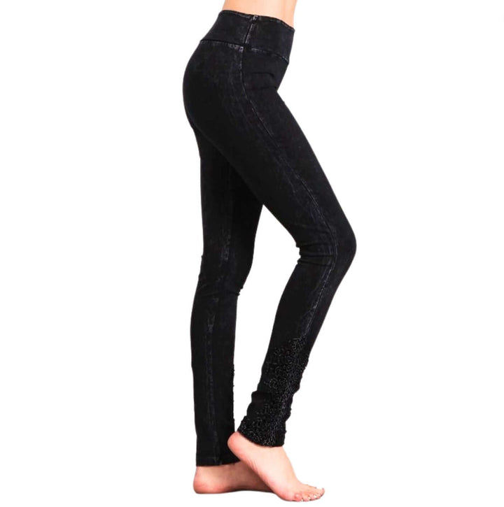 Made with USA Cotton | Chatoyant Mineral Washed Jeggings with Crochet Ankle Detail Hem in Black Mineral Washed  Style