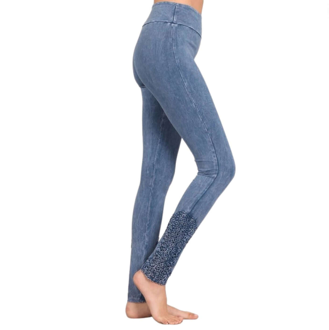Chatoyant Light Denim Mineral Washed Jeggings with Crochet Ankle Detail Hem Style