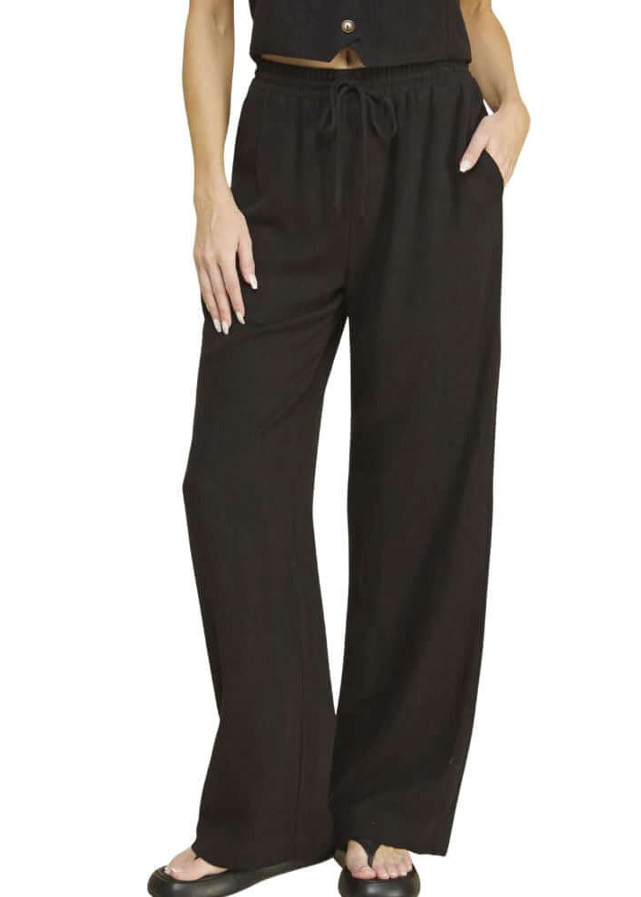 Black USA Made Linen Blend Bootcut Pants with Pockets - Relaxed Fit Drawstring &amp; Elastic Waist Side | Classy Cozy Cool Women&