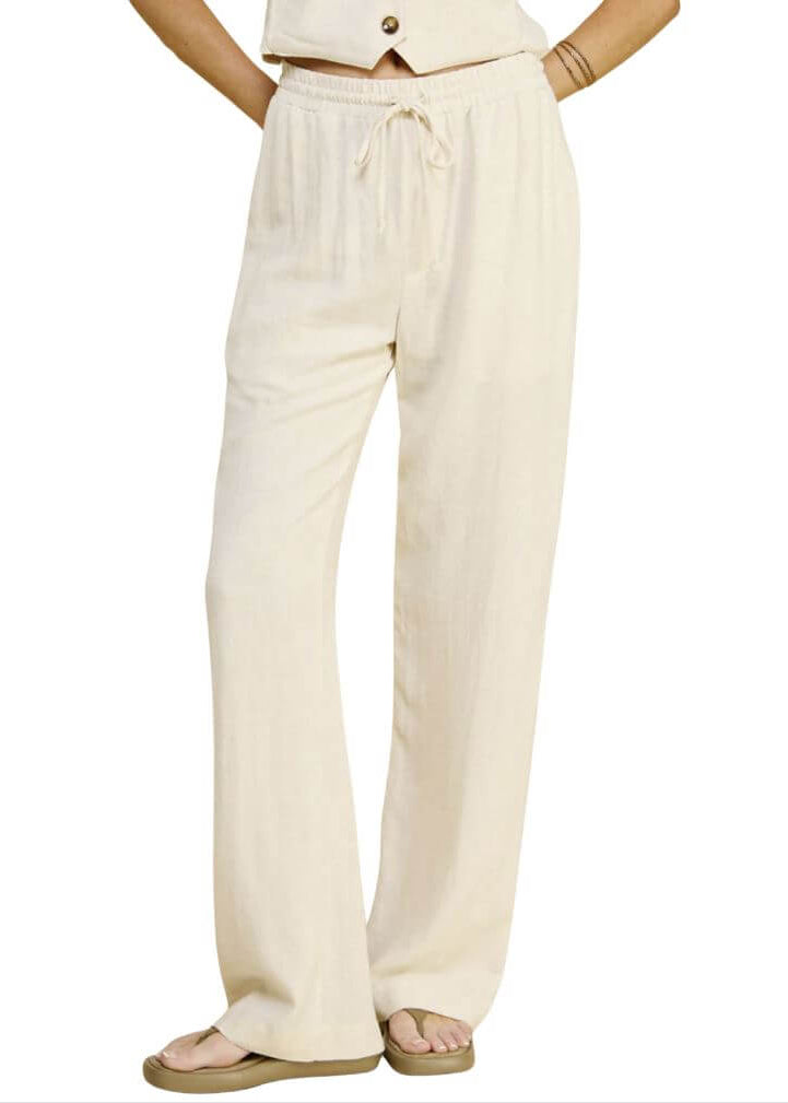 USA Made Linen Blend Bootcut Pants with Pockets - Relaxed Fit Drawstring & Elastic Waist Side | Classy Cozy Cool Women's American Boutique