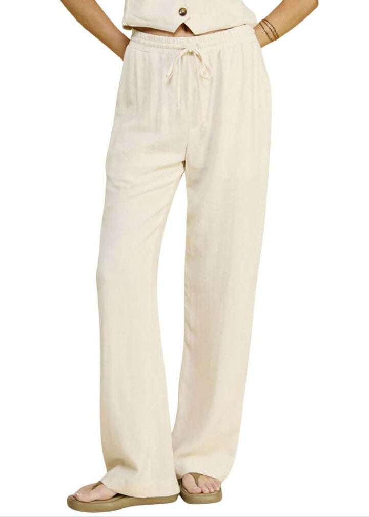 USA Made Linen Blend Bootcut Pants with Pockets - Relaxed Fit Drawstring &amp; Elastic Waist Side | Classy Cozy Cool Women&