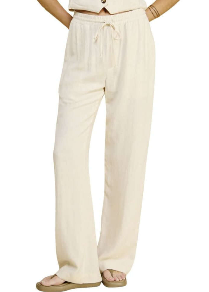 USA Made Linen Blend Bootcut Pants with Pockets - Relaxed Fit Drawstring &amp; Elastic Waist Side | Classy Cozy Cool Women&
