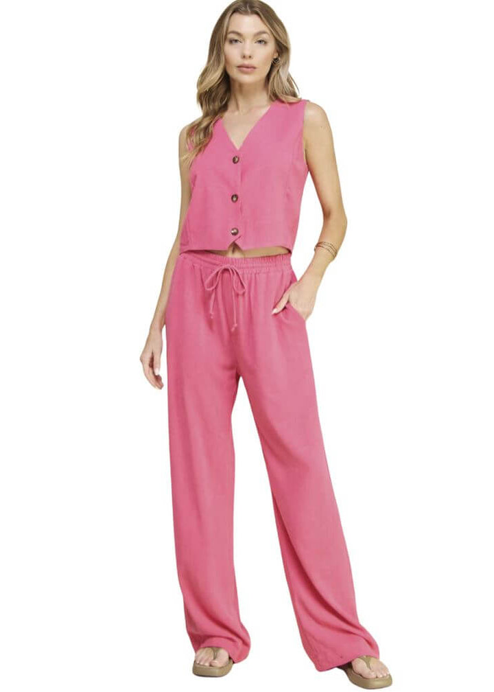 USA Made Linen Blend Bootcut Pants with Pockets in Fuchsia - Relaxed Fit Drawstring &amp; Elastic Waist Side | Brand: If She Loves Style