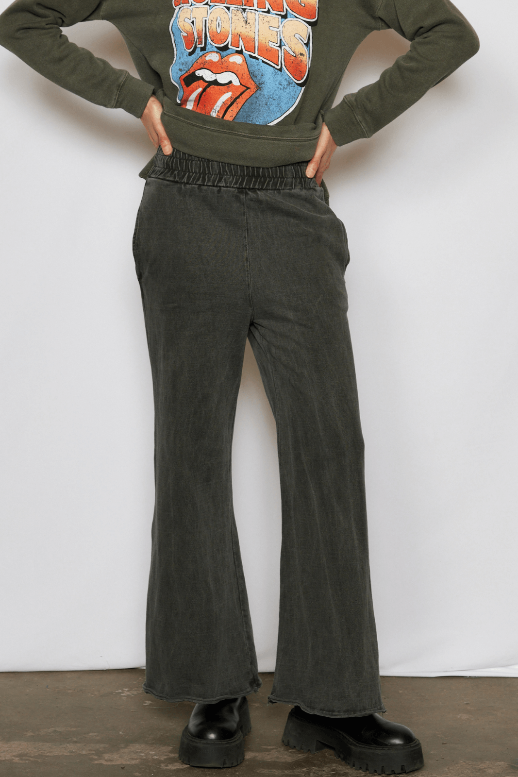 The Lainey Pant by People of Leisure — 100% organic cotton, mid-rise flare in Vintage Black &amp; Chocolate Brown. Made in LA. Sizes XS–XL.