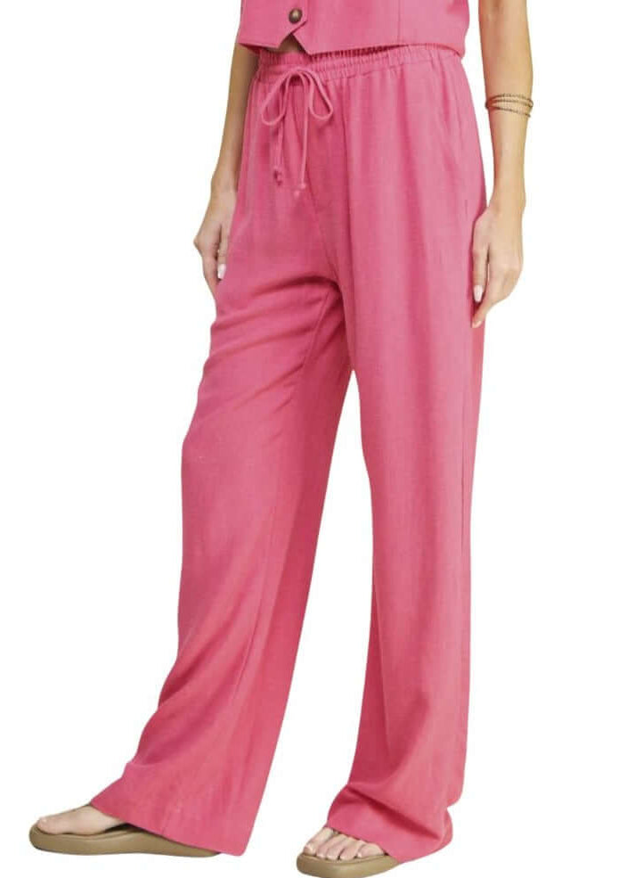 USA Made Linen Blend Bootcut Pants with Pockets in Fuchsia - Relaxed Fit Drawstring &amp; Elastic Waist Side | Classy Cozy Cool Women&