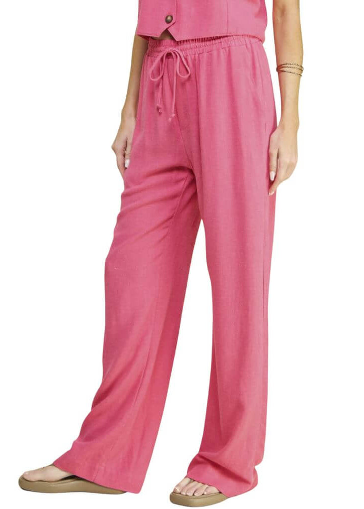 USA Made Linen Blend Bootcut Pants with Pockets in Fuchsia - Relaxed Fit Drawstring &amp; Elastic Waist Side | Brand: If She Loves Style
