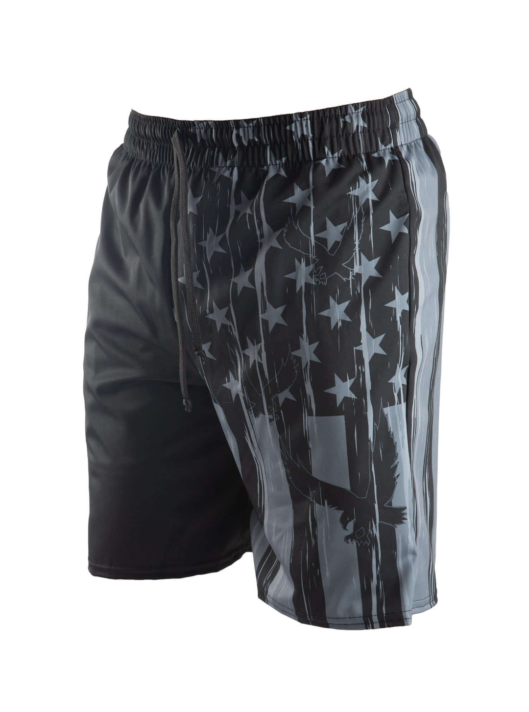 Made in USA. WSI Sportswear Men’s Eagle Flag Pocketed Swim Trunk. Quick Drying. Drawcord Waist. Patriotic Design. Gray.