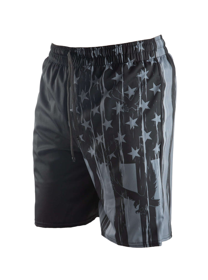 Made in USA. WSI Sportswear Men’s Eagle Flag Pocketed Swim Trunk. Quick Drying. Drawcord Waist. Patriotic Design. Gray.