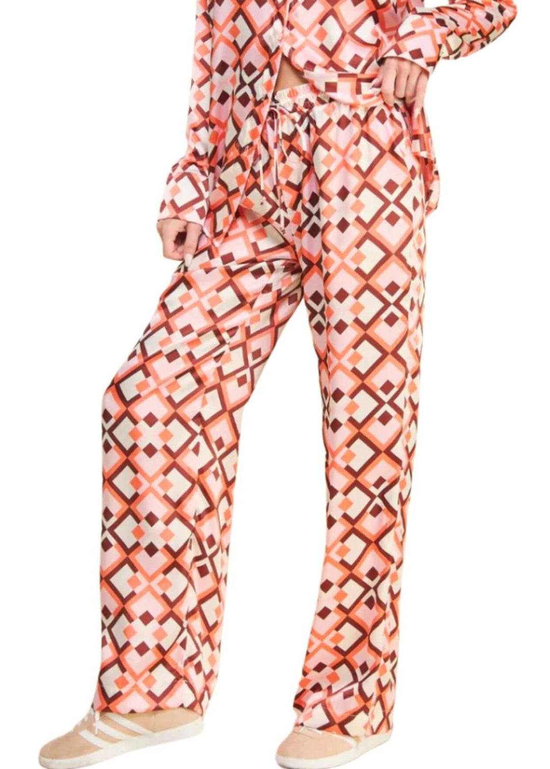 USA Made Ladies Pink Retro Pattern Satin Pants by If She Loves Style 