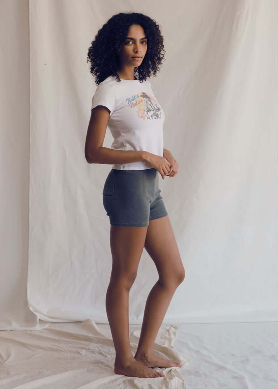 Willie Nelson Baby Rib Tee by People of Leisure — 100% cotton, vintage-inspired graphic tee. Made in Huntington Park, CA. Sizes XS–XL
