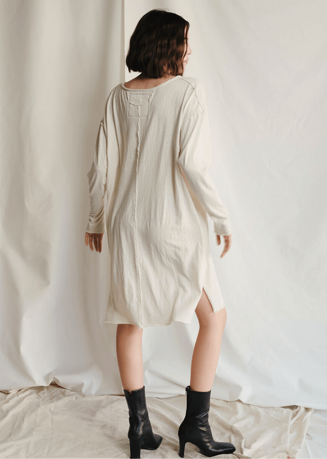  Willie Nelson Dress by People of Leisure — 50% recycled cotton, raw edges, side slits in Ecru. Made in Huntington Park, CA. Sizes XS–XL