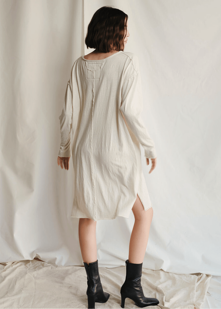  Willie Nelson Dress by People of Leisure — 50% recycled cotton, raw edges, side slits in Ecru. Made in Huntington Park, CA. Sizes XS–XL