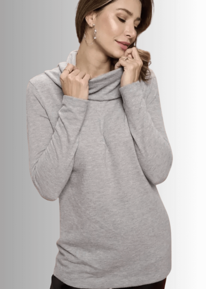 Made in USA Ladies' Super Soft Long Sleeve Cowl Turtle Neck Cashmere Feel Sweater Top in Heather Grey | Renee C Style# 4134TP 