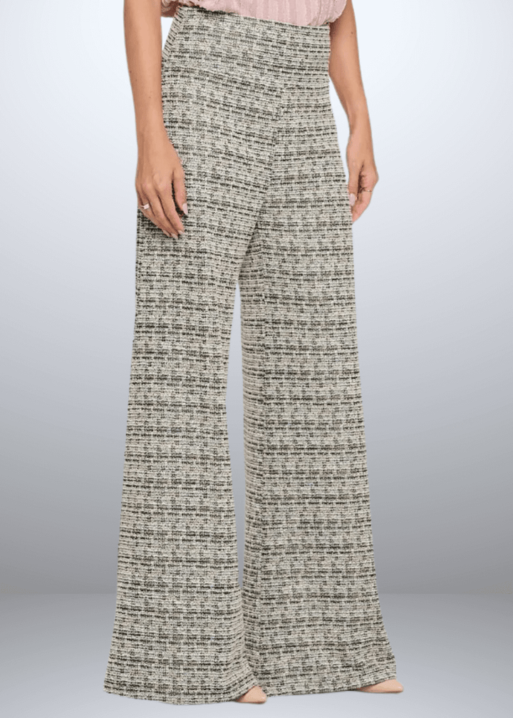 Elevate your wardrobe with the Payton Plaid Tweed Knit Pants, expertly crafted in the USA. Featuring a flattering wide-leg silhouette and classic plaid pattern | Renee C Style 4745PTG