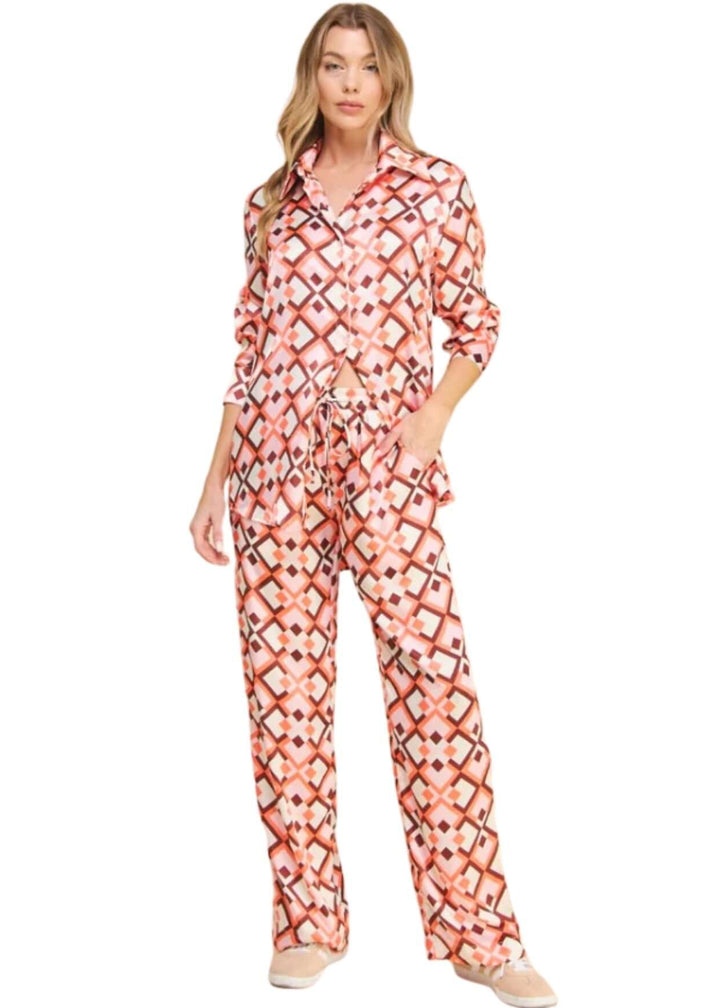 USA Made Ladies Pink Retro Pattern Satin Pants by If She Loves Style 