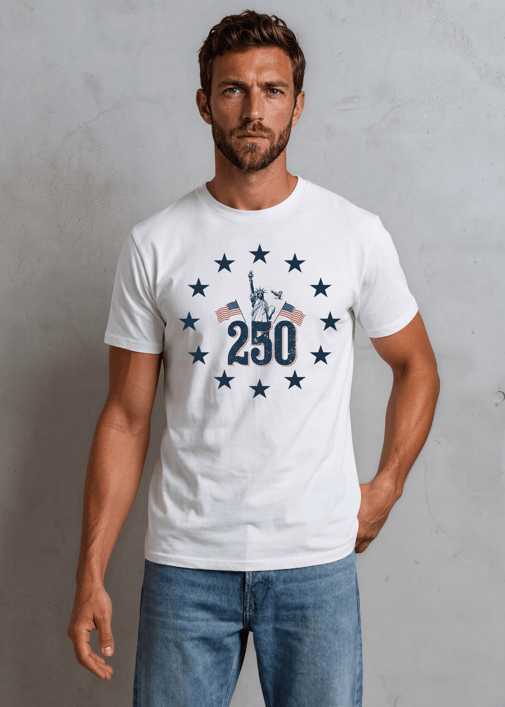Men's America 250th Anniversary Tee — Statue of Liberty & 13-star graphic on white. Made in USA with USA-grown cotton. 100% pre-shrunk cotton. Sizes S–3XL.