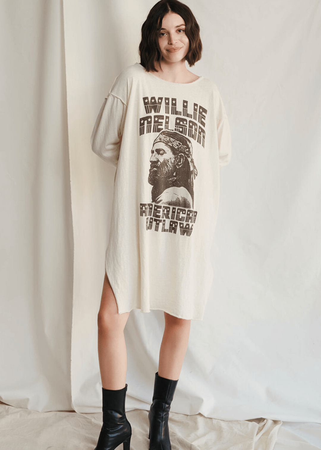  Willie Nelson Dress by People of Leisure — 50% recycled cotton, raw edges, side slits in Ecru. Made in Huntington Park, CA. Sizes XS–XL