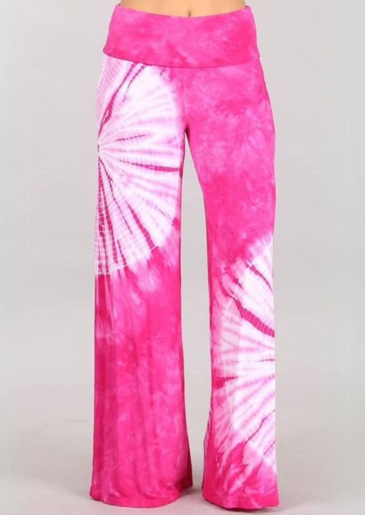 USA Made Fuchsia &amp; White Casual Tie Dye Palazzo Pants Soft &amp; comfortable design with a wide fold over waistband | Classy Cozy Cool Women&
