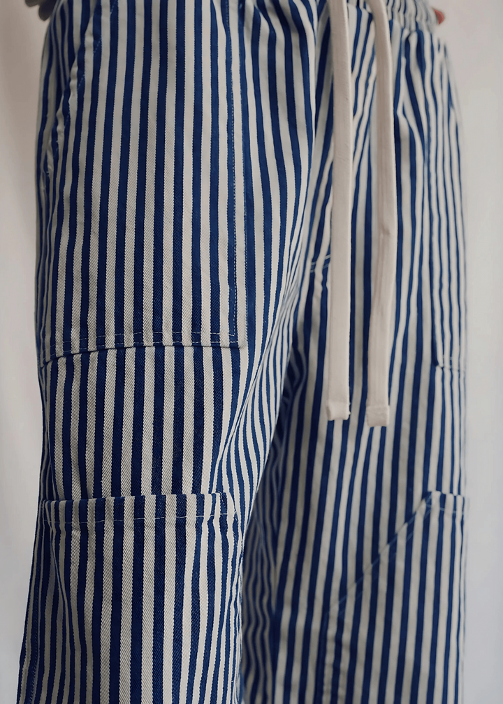The Charlie Pant by People of Leisure — 100% cotton denim wide leg in Striped. Sustainably made in the USA. Sizes XS–XL