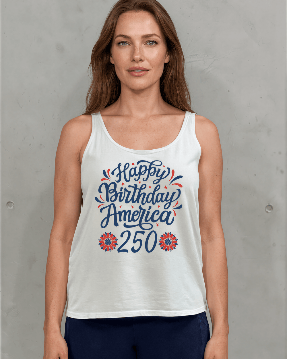 Happy Birthday America 250 Graphic Tank — Made in USA with USA Grown Cotton. Festive script & floral design on white. Soft 95% cotton. Perfect for 4th of July.