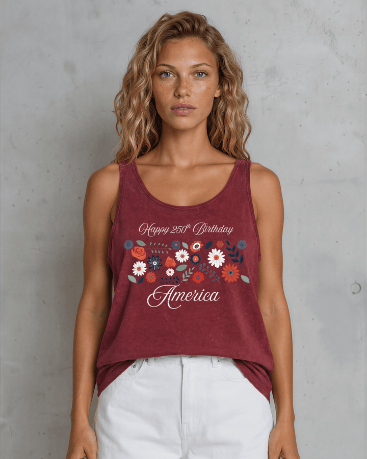 Celebrate July 4th in a USA-made, USA cotton-grown floral graphic tank top. Burnt Red Clay mineral wash, relaxed fit, soft &amp; stretchy. Proudly made in America.