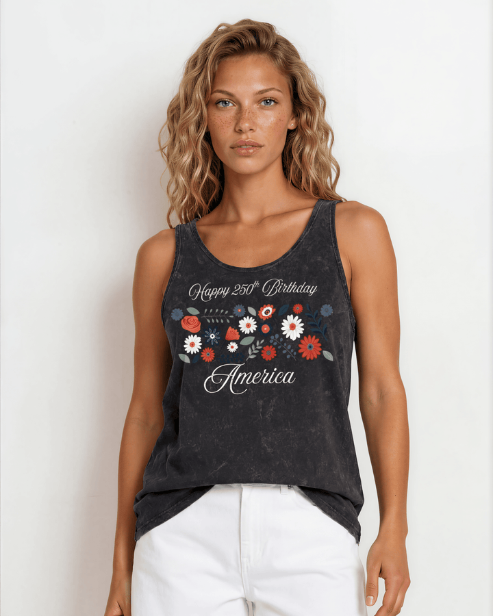 Celebrate July 4th in a USA-made, USA cotton-grown floral graphic tank top. Black mineral wash, relaxed fit, soft &amp; stretchy. Proudly made in America.