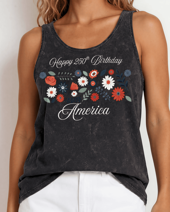 Celebrate July 4th in a USA-made, USA cotton-grown floral graphic tank top. Black mineral wash, relaxed fit, soft &amp; stretchy. Proudly made in America.