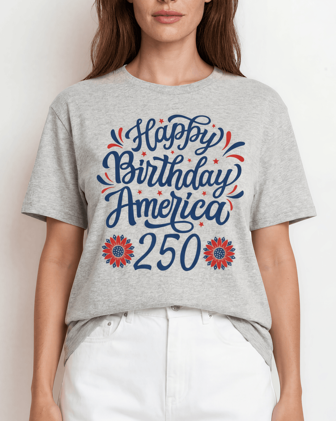 Happy Birthday America 250 Graphic Tee — Made in USA. Festive script & floral design on heather gray, 100% cotton, relaxed fit. Perfect for 4th of July. XS-3X.