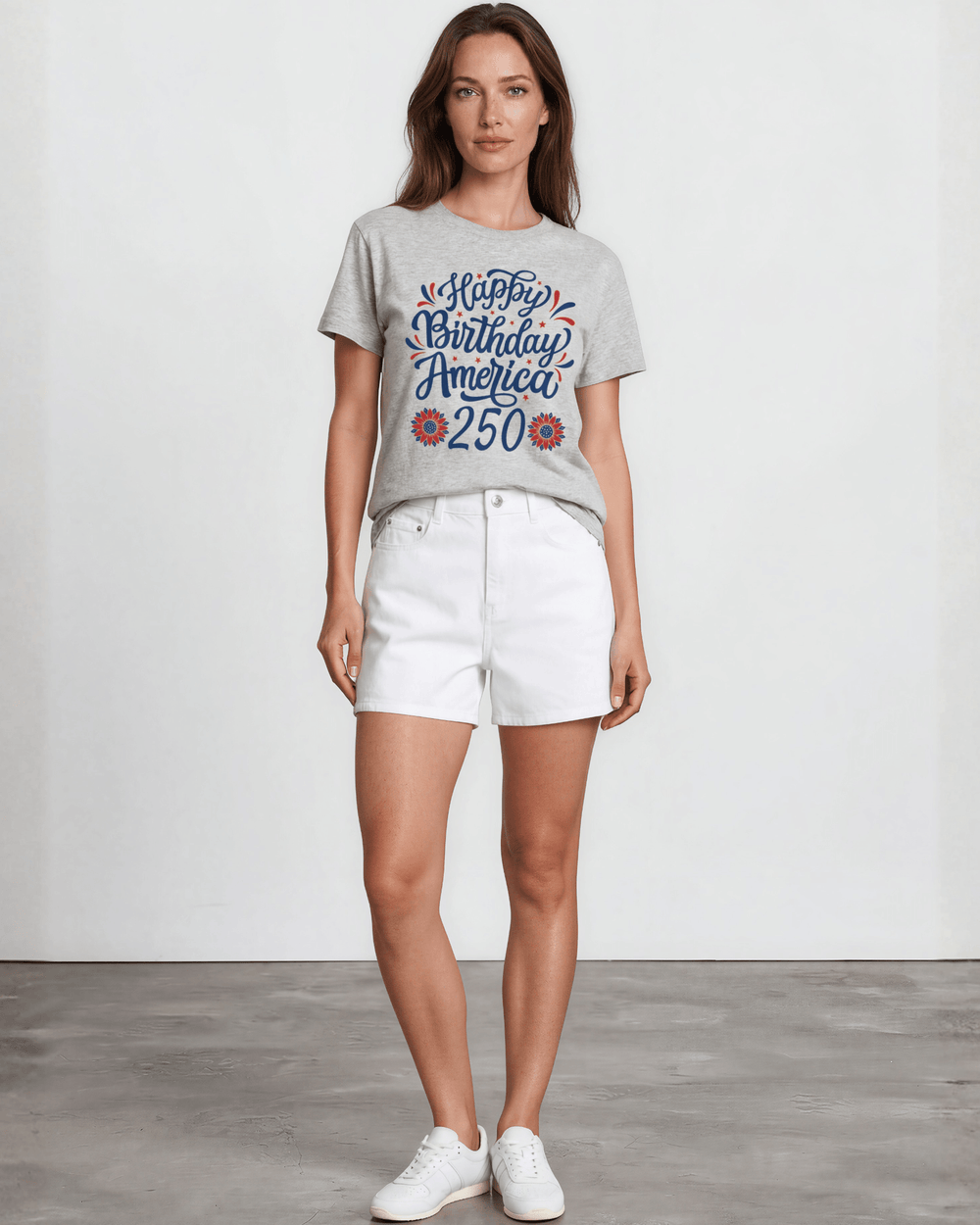 Happy Birthday America 250 Graphic Tee — Made in USA. Festive script & floral design on heather gray, 100% cotton, relaxed fit. Perfect for 4th of July. XS-3X.