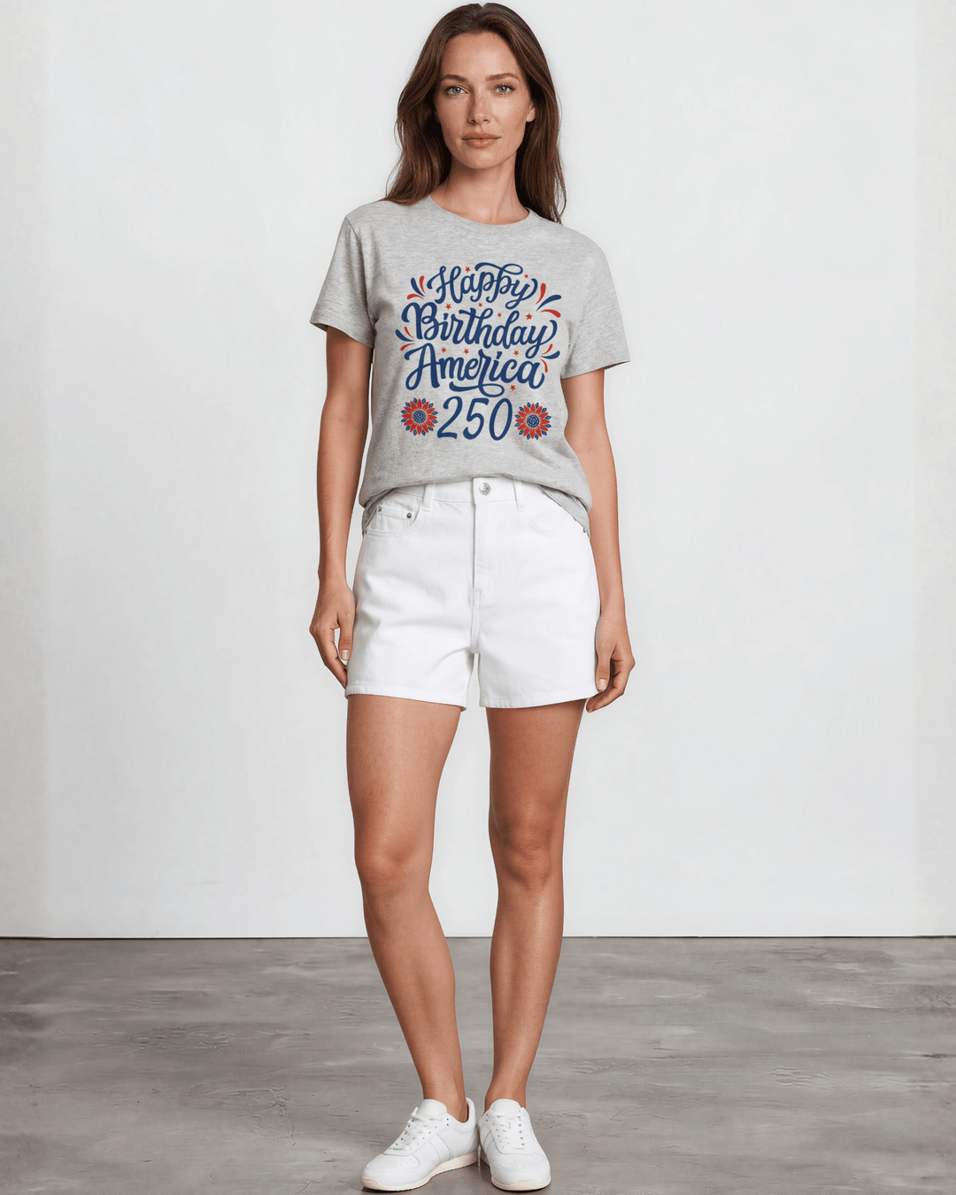 Happy Birthday America 250 Graphic Tee — Made in USA. Festive script &amp; floral design on heather gray, 100% cotton, relaxed fit. Perfect for 4th of July. XS-3X.