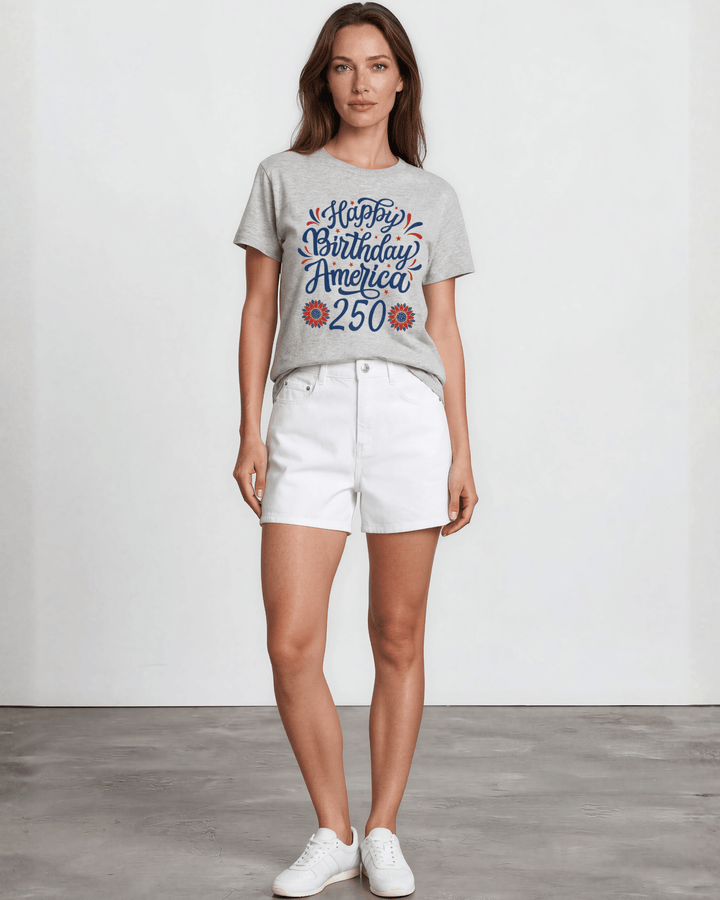 Happy Birthday America 250 Graphic Tee — Made in USA. Festive script &amp; floral design on heather gray, 100% cotton, relaxed fit. Perfect for 4th of July. XS-3X.