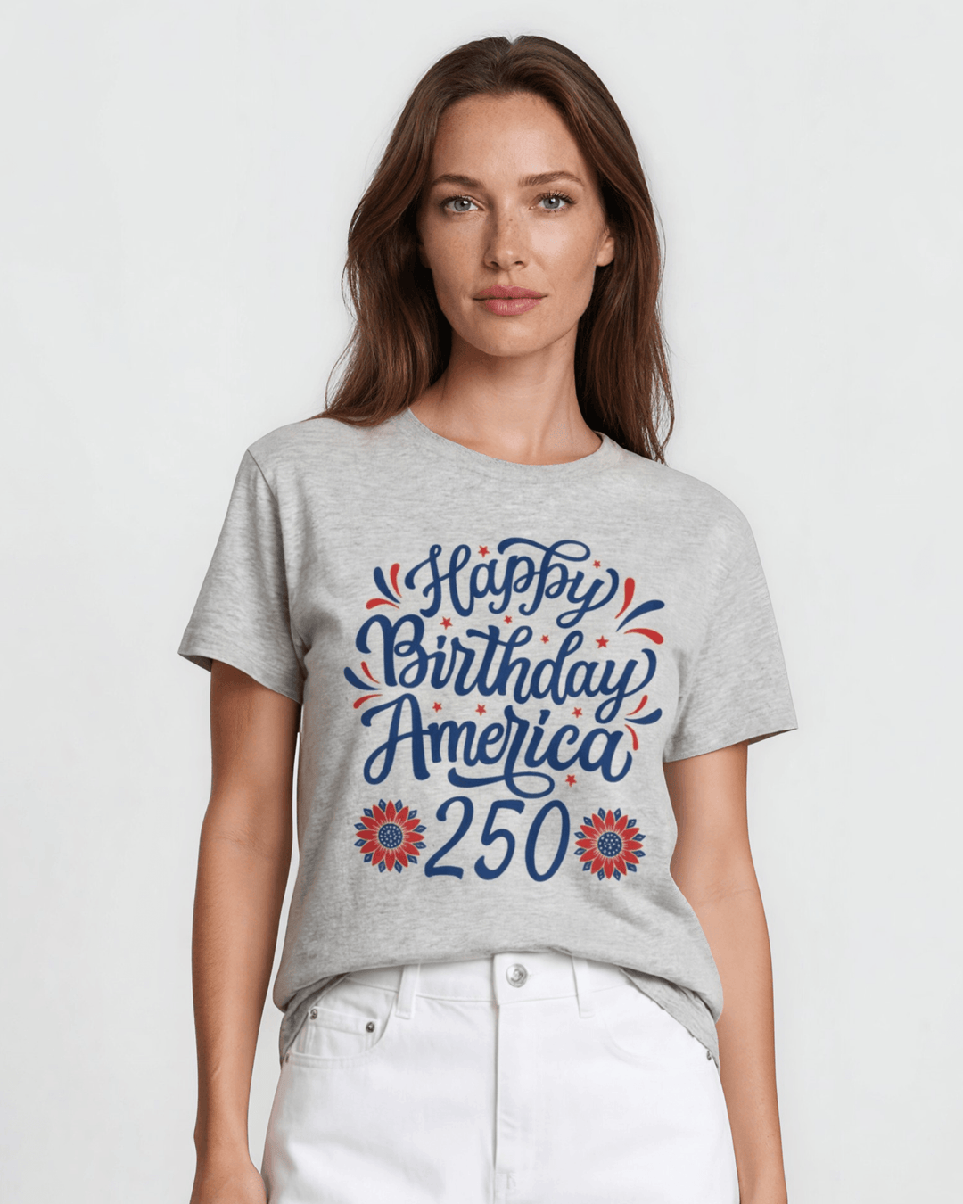 Happy Birthday America 250 Graphic Tee — Made in USA. Festive script &amp; floral design on heather gray, 100% cotton, relaxed fit. Perfect for 4th of July. XS-3X.