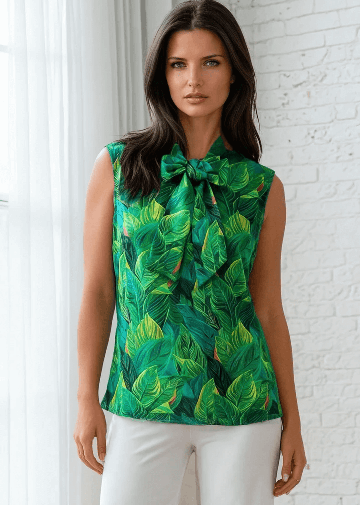 This top is for the vintage lover at heart! Shown in our leaves print, this 100% cotton top features bust darts for a flattering silhouette, a side zippered closure for ease of wear, and an oversized bow at the neckline for that perfect 1950&