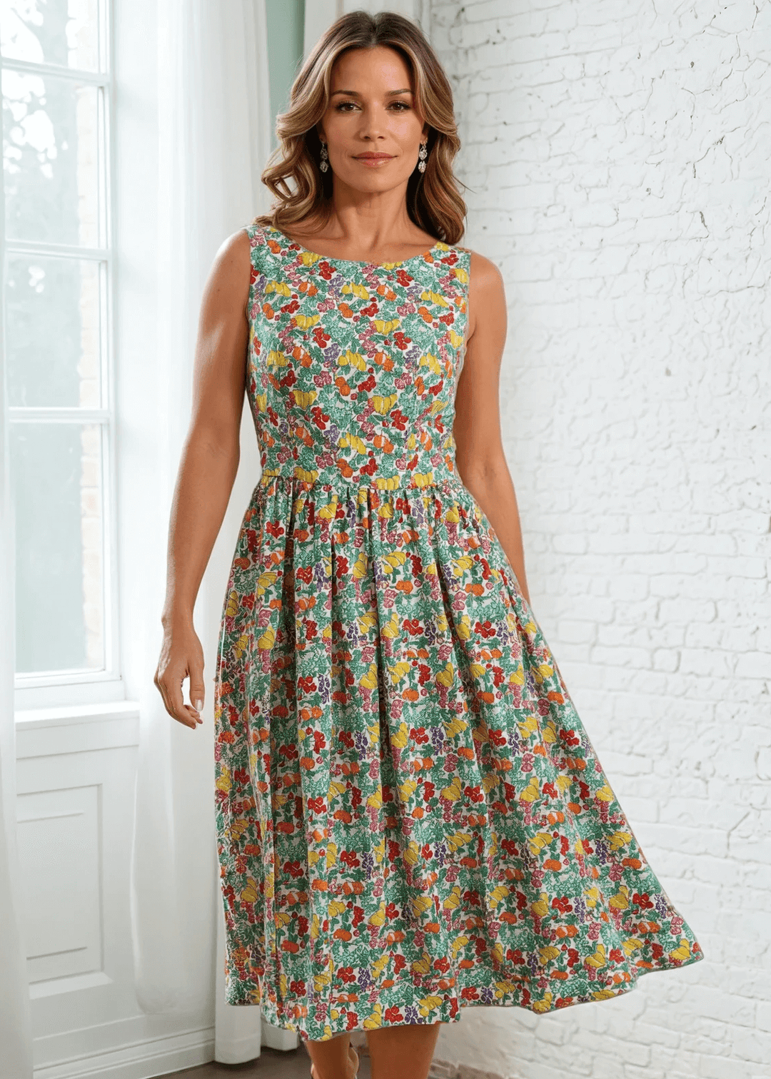 Made in USA, A women's vintage style piece with fun, modern details; our midi dress is now available in our Floral print. Made from 100% cotton