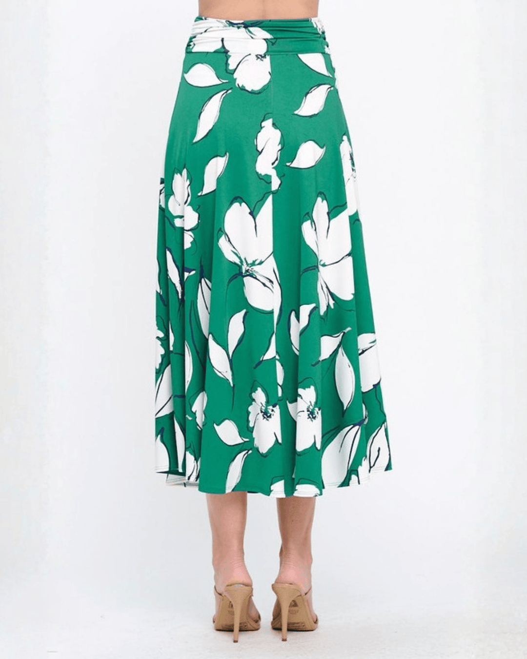 Shop the Marie Floral Maxi Skirt in bold green &amp; white. A-line silhouette, ruched waistband, sizes S-L. 95% Poly/5% Spandex. Made in USA.