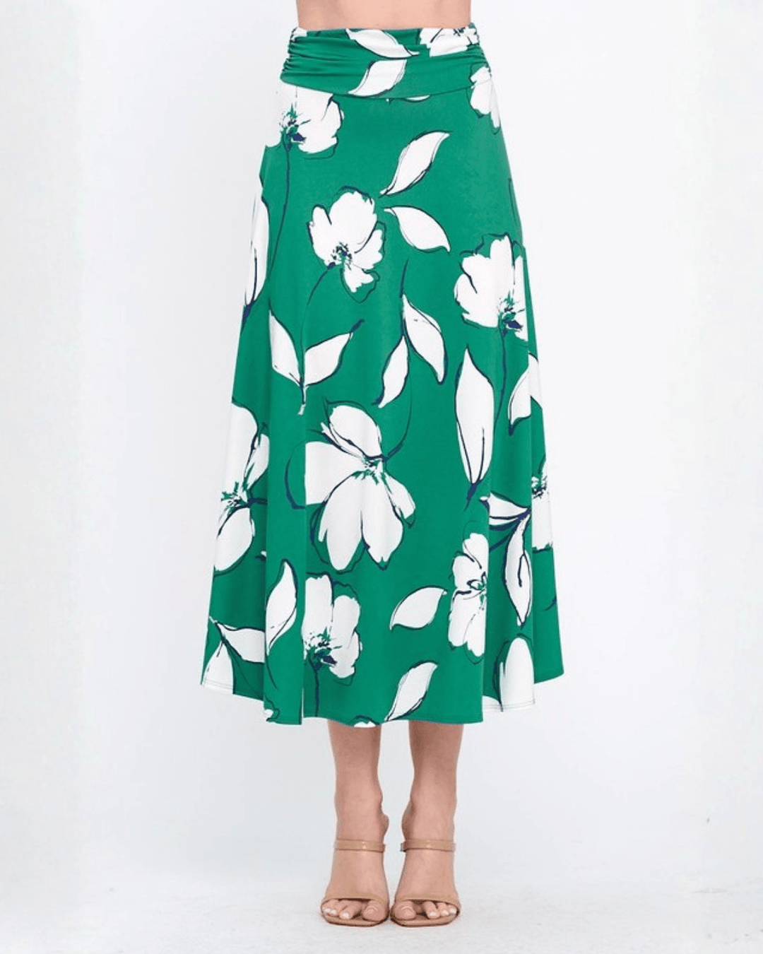 Shop the Marie Floral Maxi Skirt in bold green &amp; white. A-line silhouette, ruched waistband, sizes S-L. 95% Poly/5% Spandex. Made in USA.