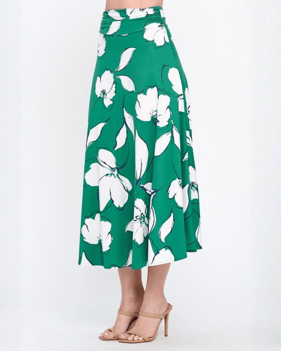 Shop the Marie Floral Maxi Skirt in bold green &amp; white. A-line silhouette, ruched waistband, sizes S-L. 95% Poly/5% Spandex. Made in USA.
