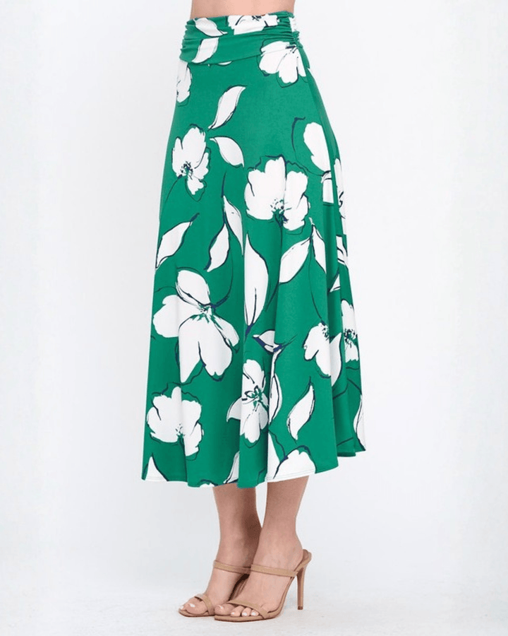 Shop the Marie Floral Maxi Skirt in bold green &amp; white. A-line silhouette, ruched waistband, sizes S-L. 95% Poly/5% Spandex. Made in USA.