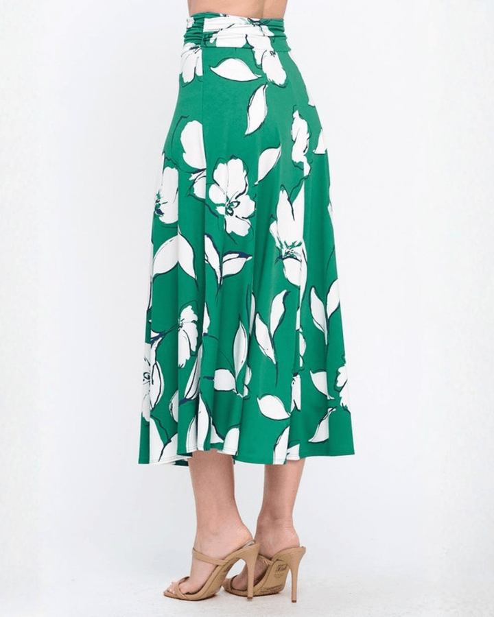 Shop the Marie Floral Maxi Skirt in bold green &amp; white. A-line silhouette, ruched waistband, sizes S-L. 95% Poly/5% Spandex. Made in USA.