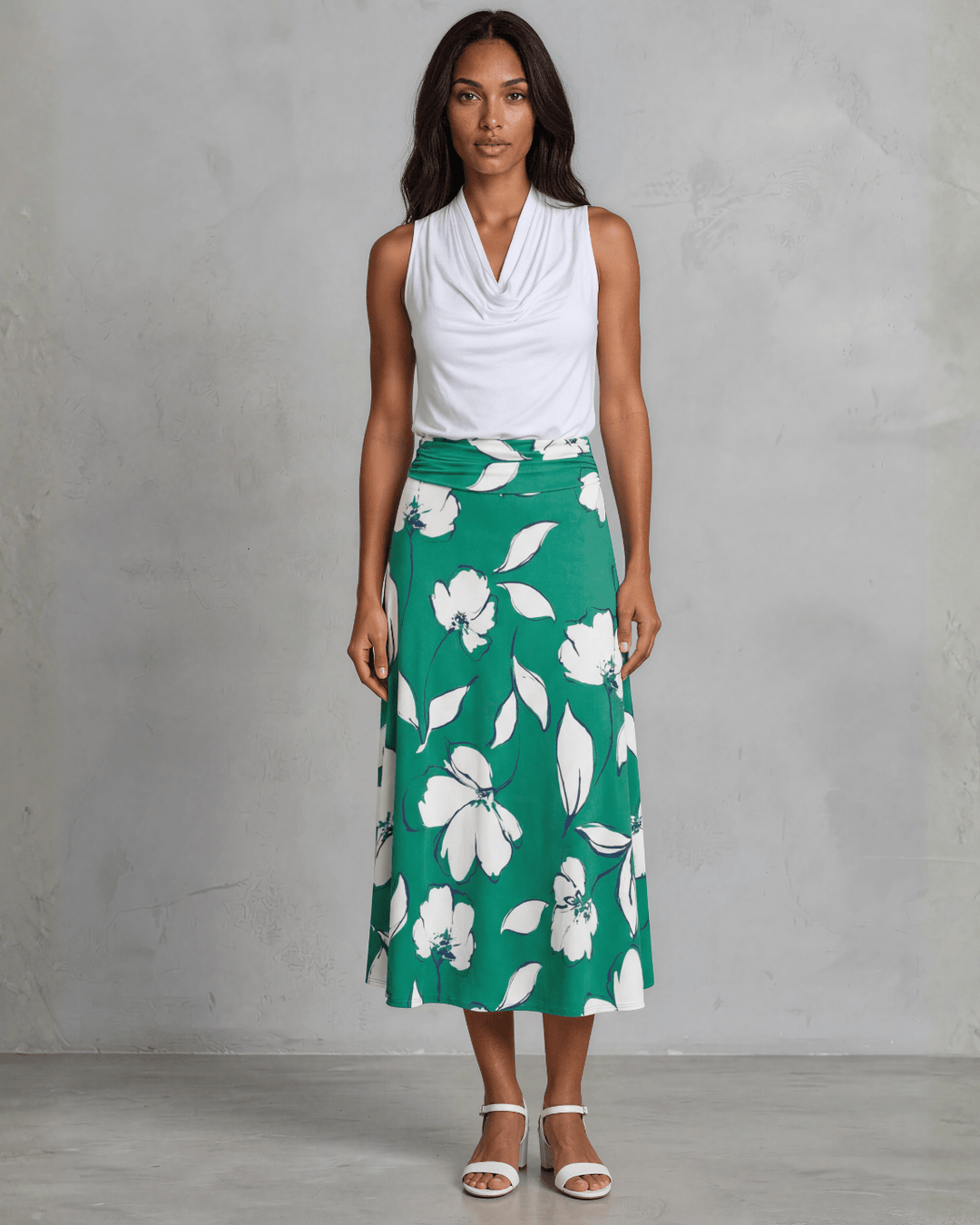 Shop the Marie Floral Maxi Skirt in bold green &amp; white. A-line silhouette, ruched waistband, sizes S-L. 95% Poly/5% Spandex. Made in USA.