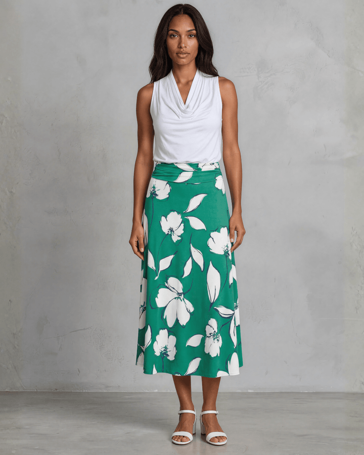 Shop the Marie Floral Maxi Skirt in bold green &amp; white. A-line silhouette, ruched waistband, sizes S-L. 95% Poly/5% Spandex. Made in USA.
